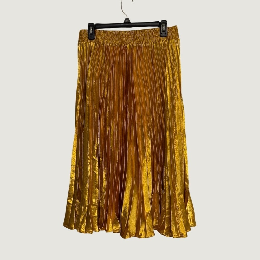 Anthropologie New Metallic Gold Pleated Midi Skirt Medium Elastic Waist